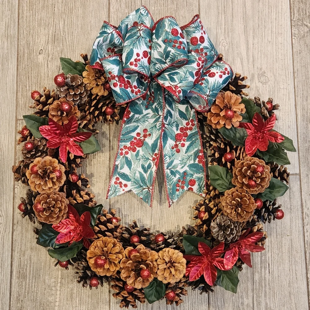 Handmade Rustic Red Poinsettia & Winter Greens Pinecone Wreath